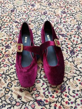 Maeve Burgundy Velvet Mary Jane Flats with Gold Buckle NWT